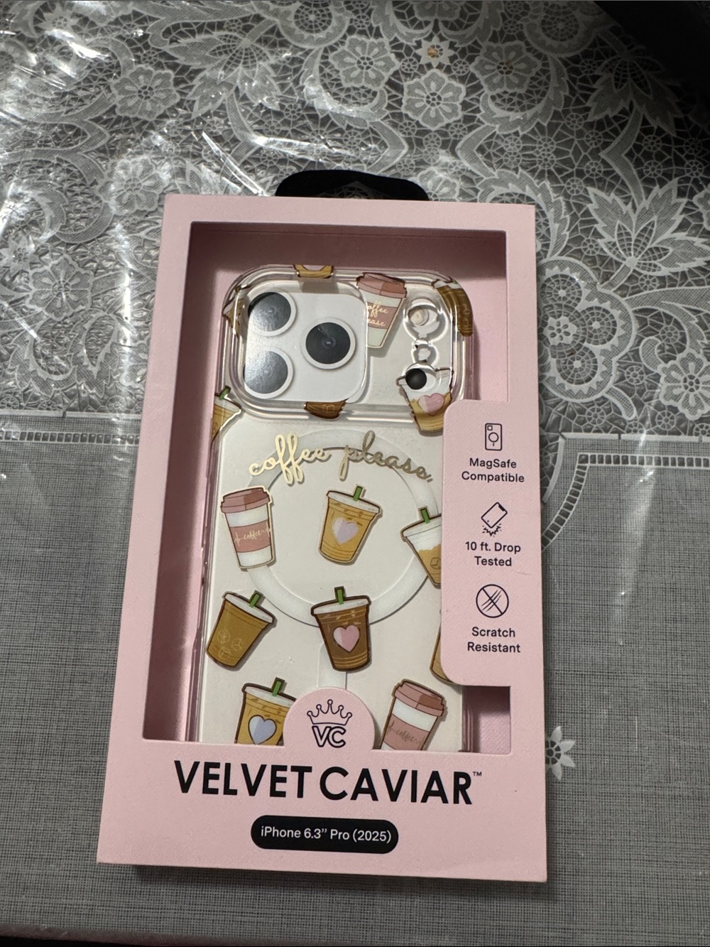 Velvet Caviar Pink Coffee Cup iPhone Case with Gold Lettering iPhone17 pro